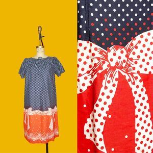 1960s-1970s Red, White, & Blue Polka Dot W/BOW RIBBON Trompe Loeil Print Dress S